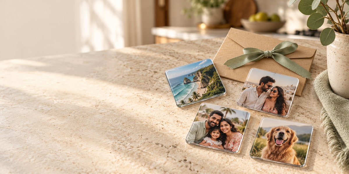 Handmade photo magnets styled with a gift envelope